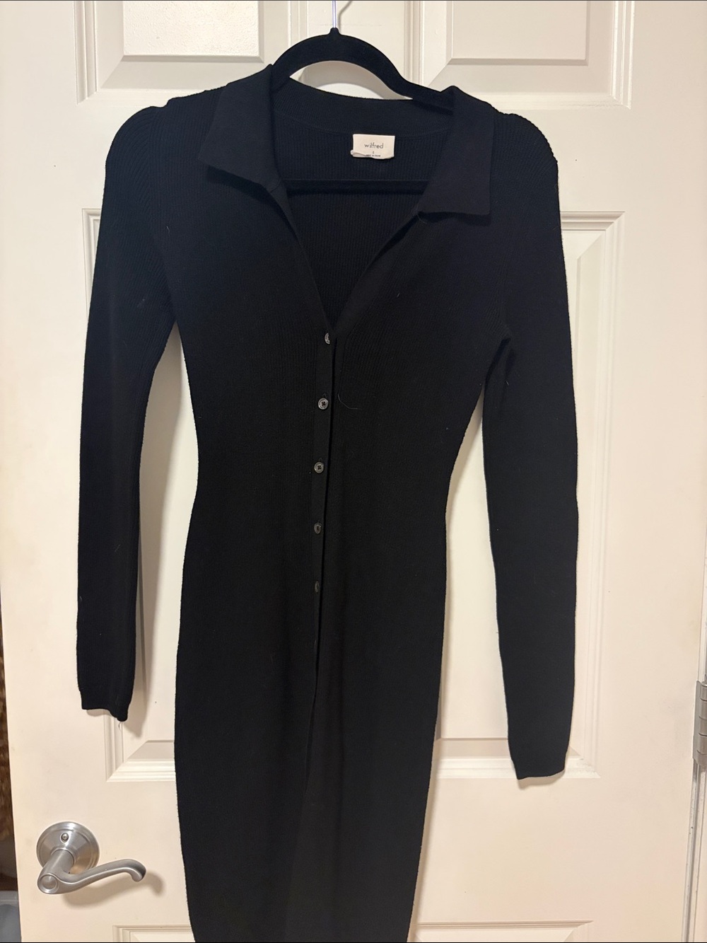 Wilfred Black Ribbed Button-Front Collared Long-Sleeve Dress